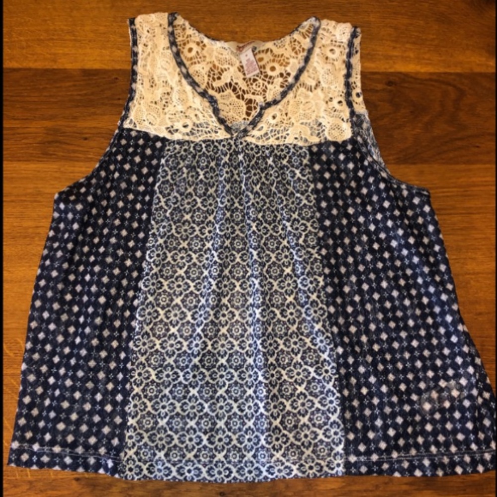 Arizona Blue and White sheer Top with knitted lace